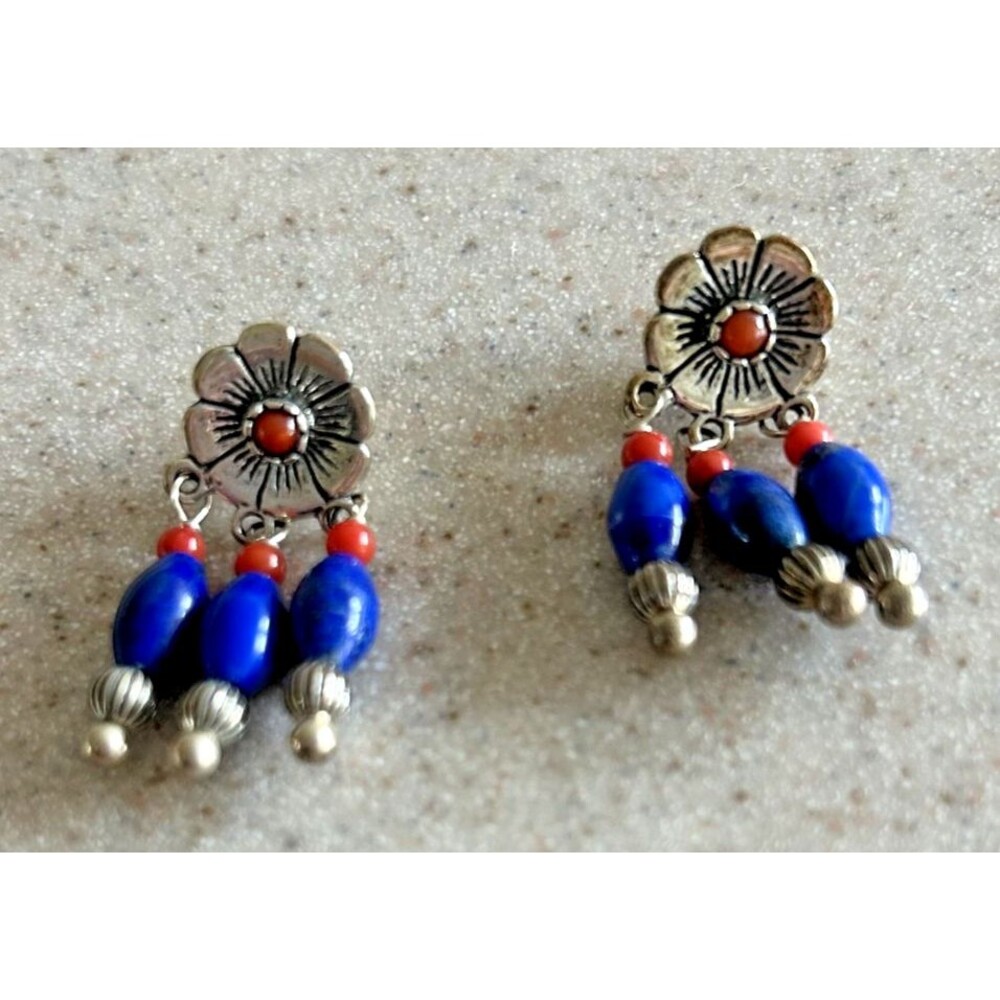 Carolyn Pollack Relios Lapis & Coral Dangle Earrings JWB Jerry & Wilma Begay